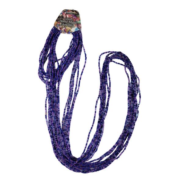 48" Long Purple Blue Seed Bead Necklace Boho Multistrand India Handmade  NEW - Picture 3 of 10